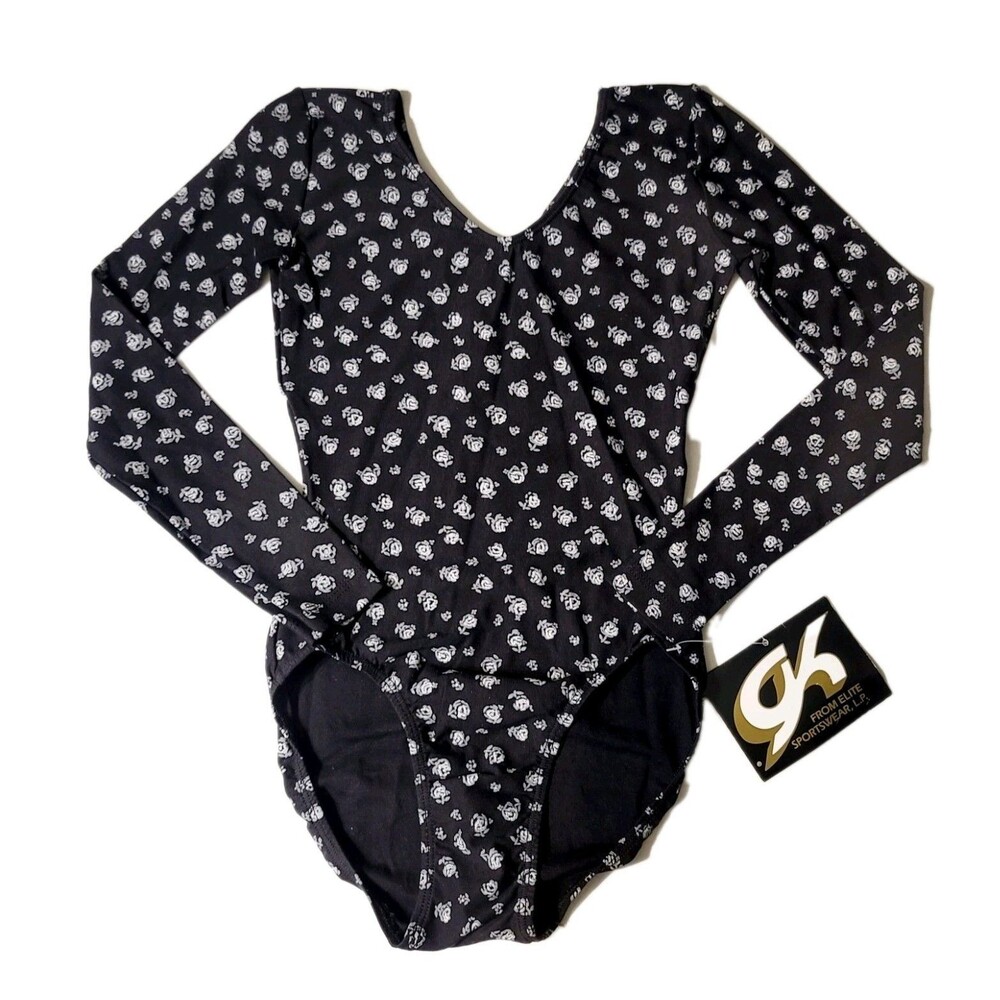 GK Elite VTG Black White Rose Cotton Leotard Bodysuit LS Stretch AXS Adult XS